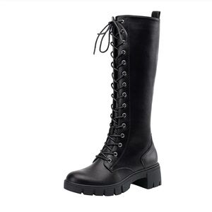 Knee-High Black Boots Women Round Toe Lace-Up - Chunky Mid Heel Size 7.5